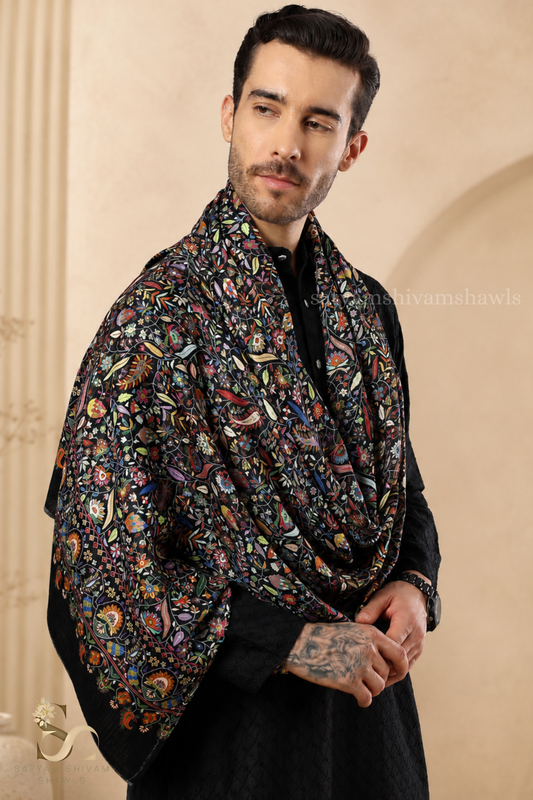 PAISLEY KALAMKARI LEAF DESIGN MENS SOFT SILK PRINT WOOL STOLES,BLACK
