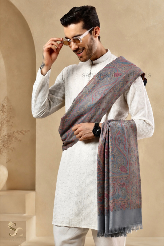 PURE WOOL ETHNIC KANI WEAVED SHAWL,WARM AND SOFT,GREY