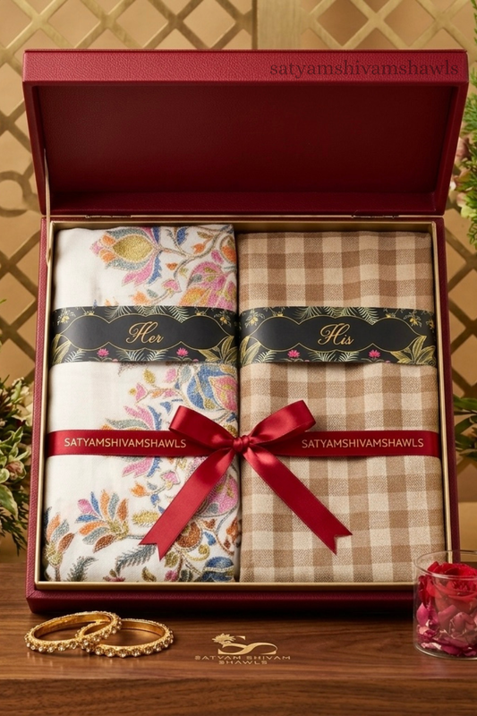 HIS AND HER GIFT BOX SET OF MENS WITH FINE PASHMINA CHECK SHAWL & WOMEN FINE WOOL EMBROIDERY STOLE