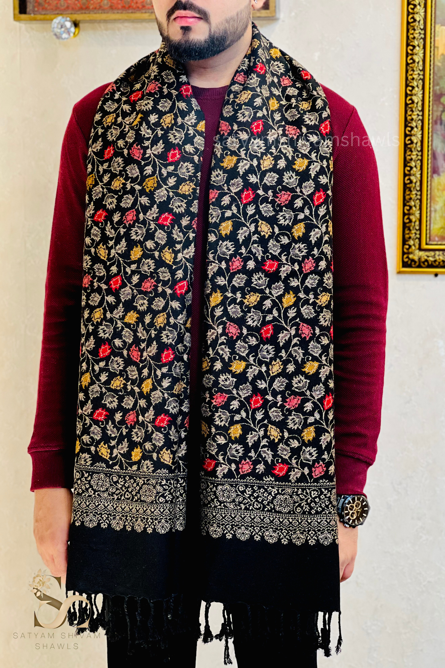 pure wool zari weaved stole,black