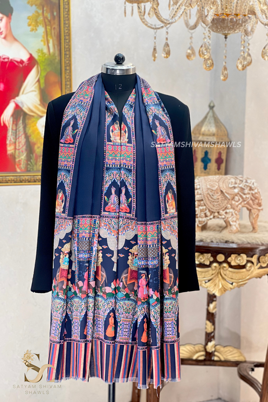 ISHQ-E-DHOLI PALLA REVERSIBLE  PURE WOOL KALAMKARI PRINT STOLE ,NAVY BLUE