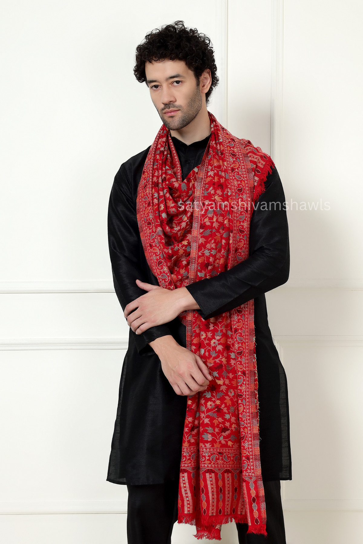 noor-e-kani multi pure wool stole,red