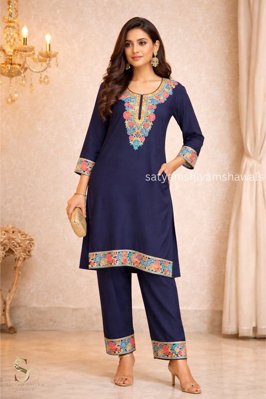 KASHMIRI NALKI  MULTI  EMROIDERY COAT SET NAVY BLUE  COLOUR
