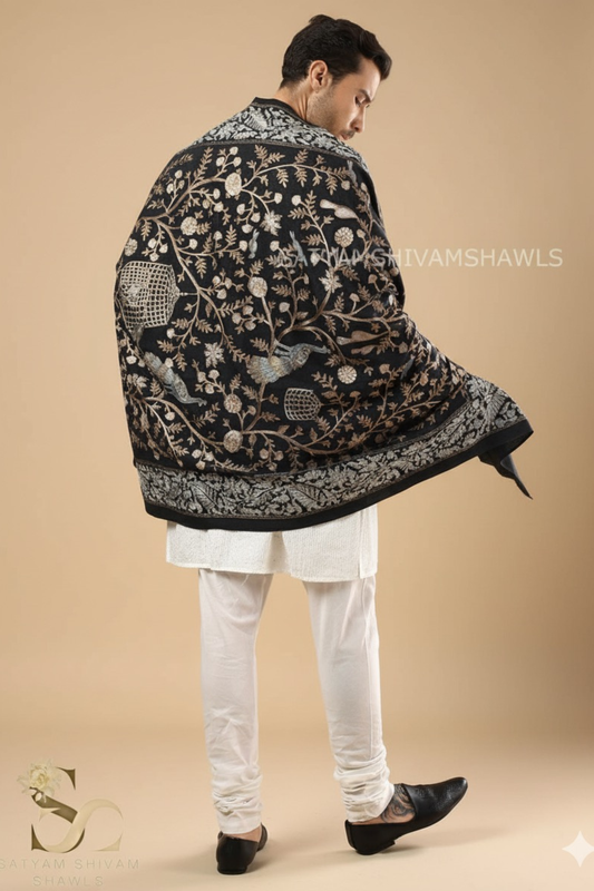 "SHIKAAR-E-KASHMIR" TILLA EMBRODIERY FINE PASHMINA WOOL, WARM AND SOFT,CHARCOAL