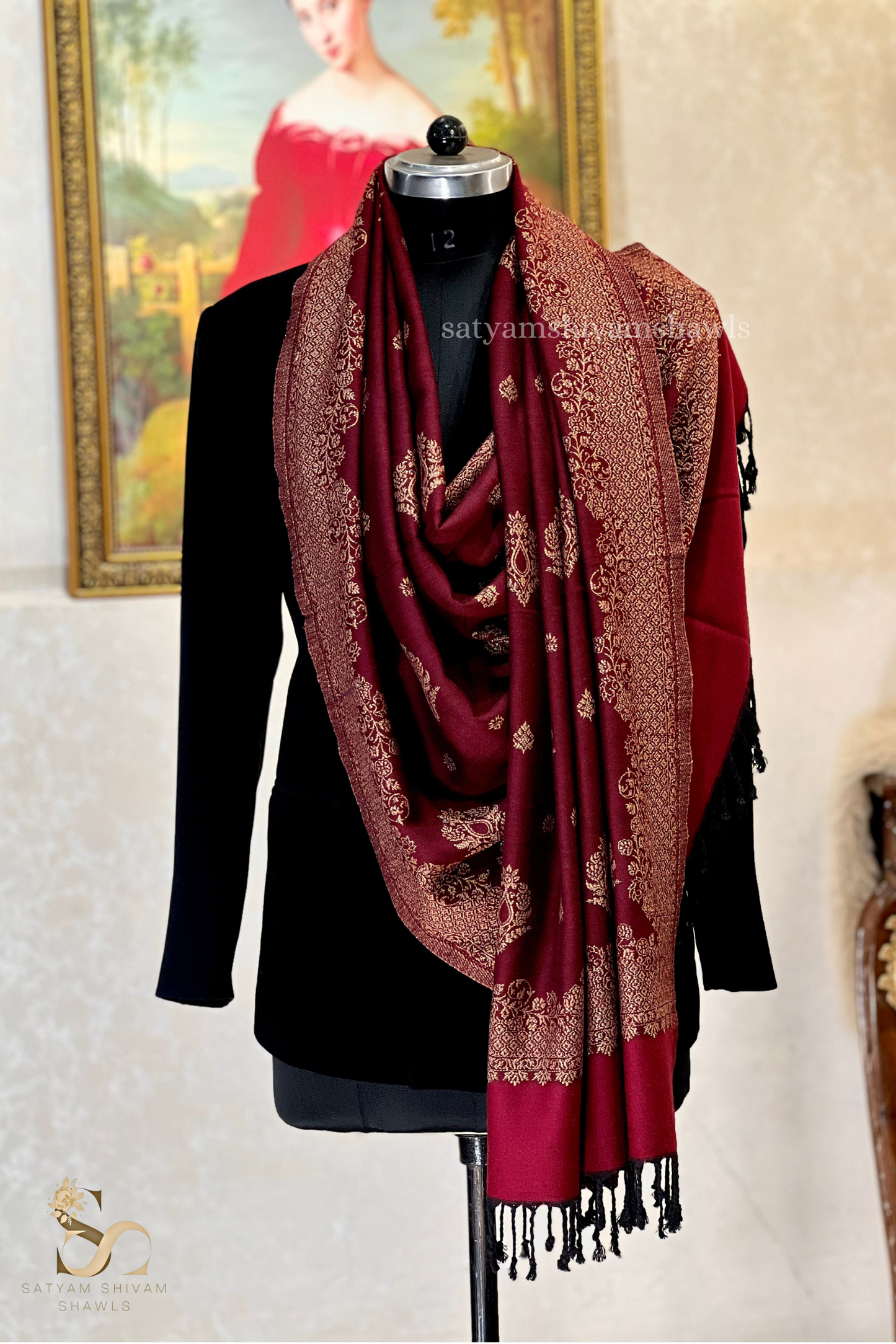 pure wool zari weaved stole,wine