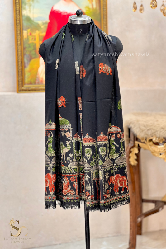 Dholi theme elephant design pure wool stole,black