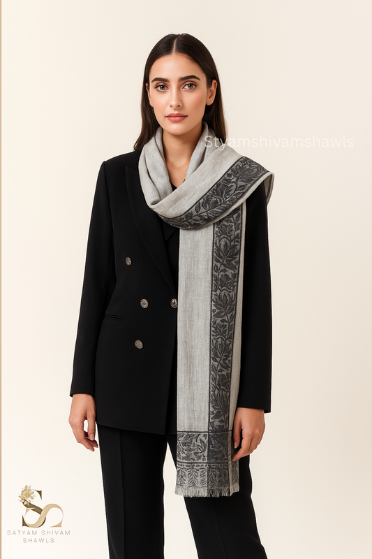 PURE WOOL REVERSIBLE SELF BORDER DESIGN SHAWL ,GREY