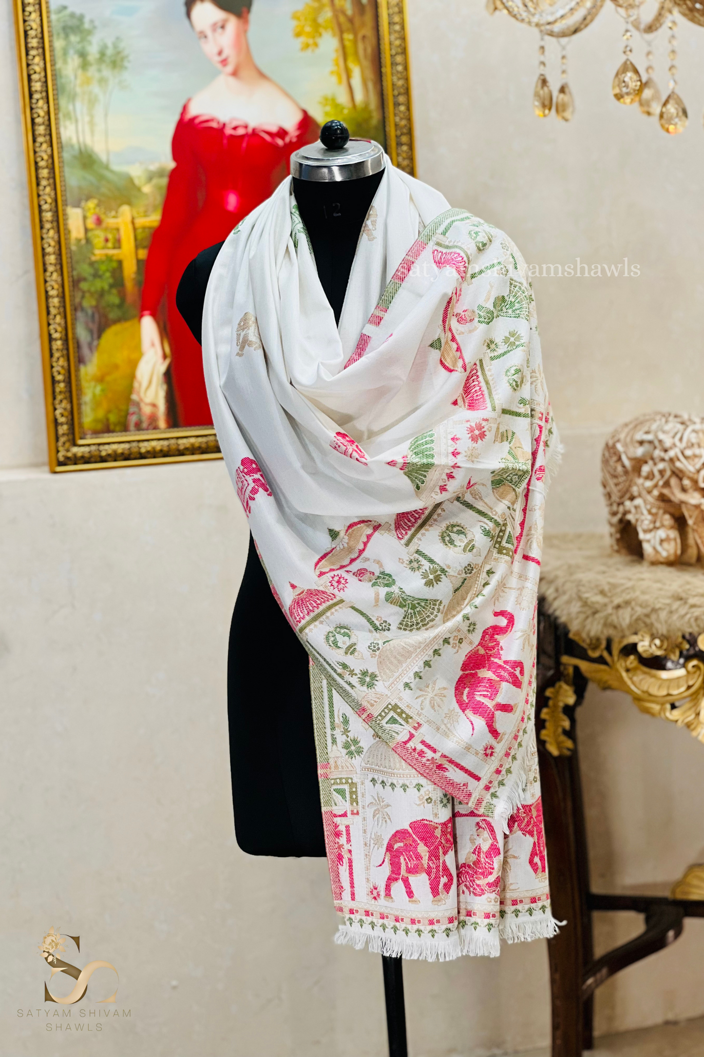 Dholi theme elephant design pure wool stole,white