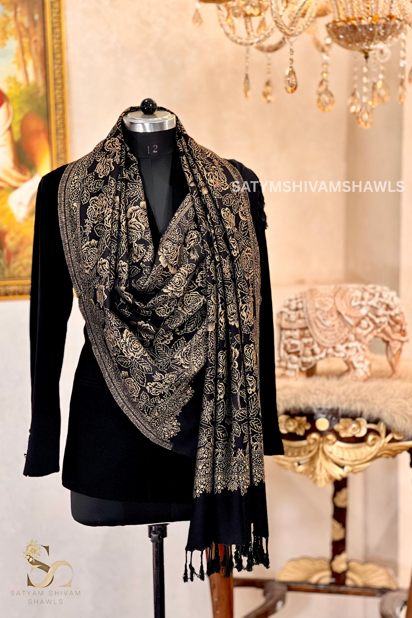 golden loom zari weaved stole,black