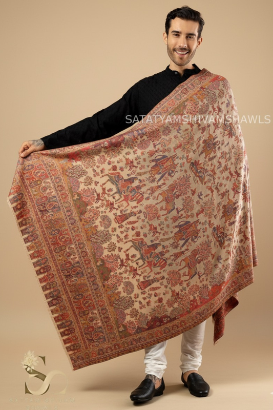 SHIKAADAR DESIGN KANI WOVEN PASHMINA BLEND MENS SHAWLS ,BEIGE