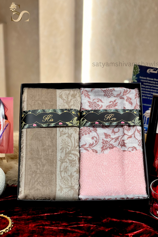 HIS AND HER GIFT BOX OF (MENS STRIPS  PASHMINA SHAWL & WOMEN MASTERPIECE AUTHENTIC FINE WOOL KANI PASHMINA,