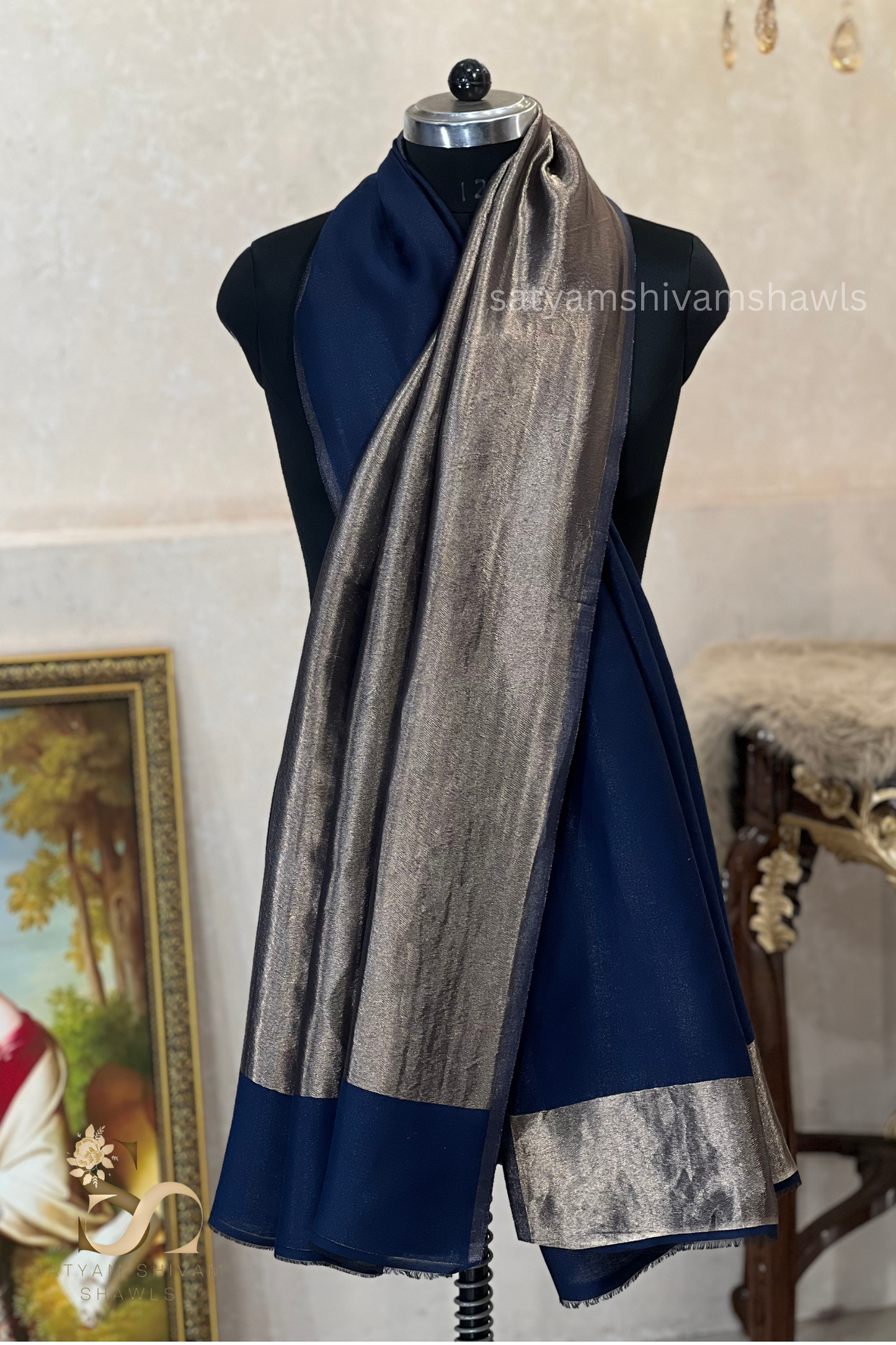 moonlight zari reversible shawl, navy blue