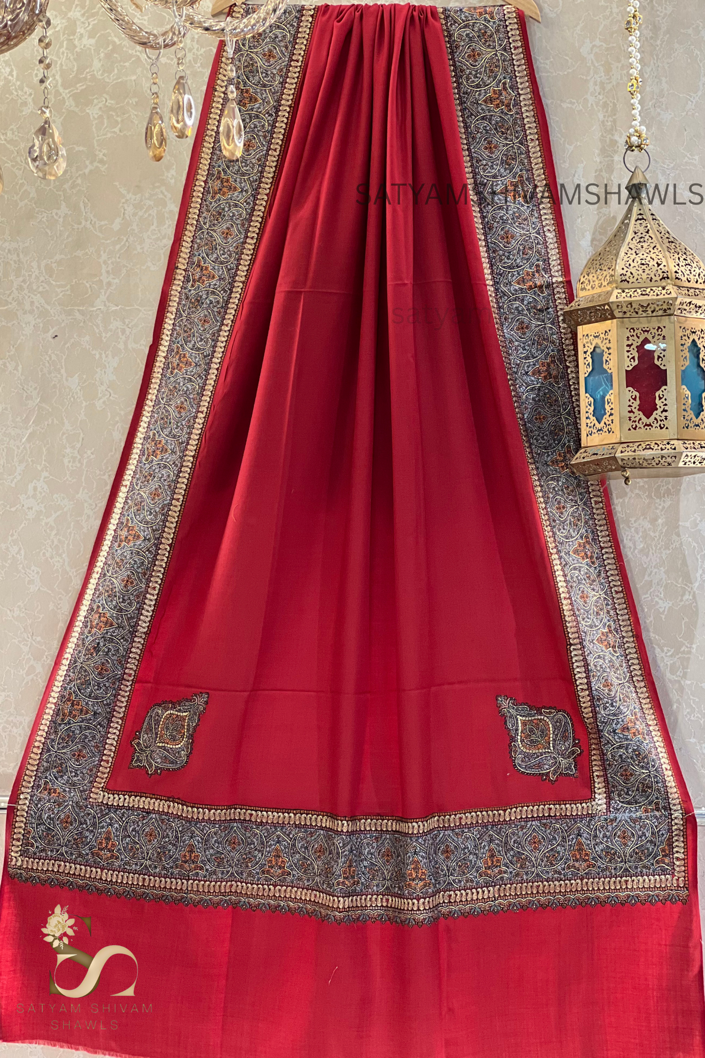 papear mashe kundan zari border shawl ,mehroon