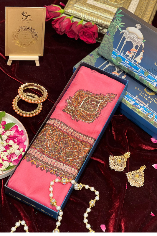 paper mashe kundan zari border shawl ,gajri
