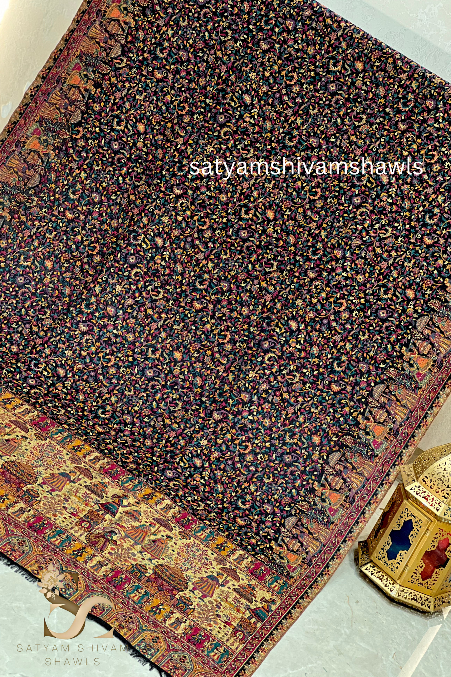 MOONLIGHT MUGHAL DARBAR PALLA PASHMINA BLEND WOOL SHAWL,BLACk