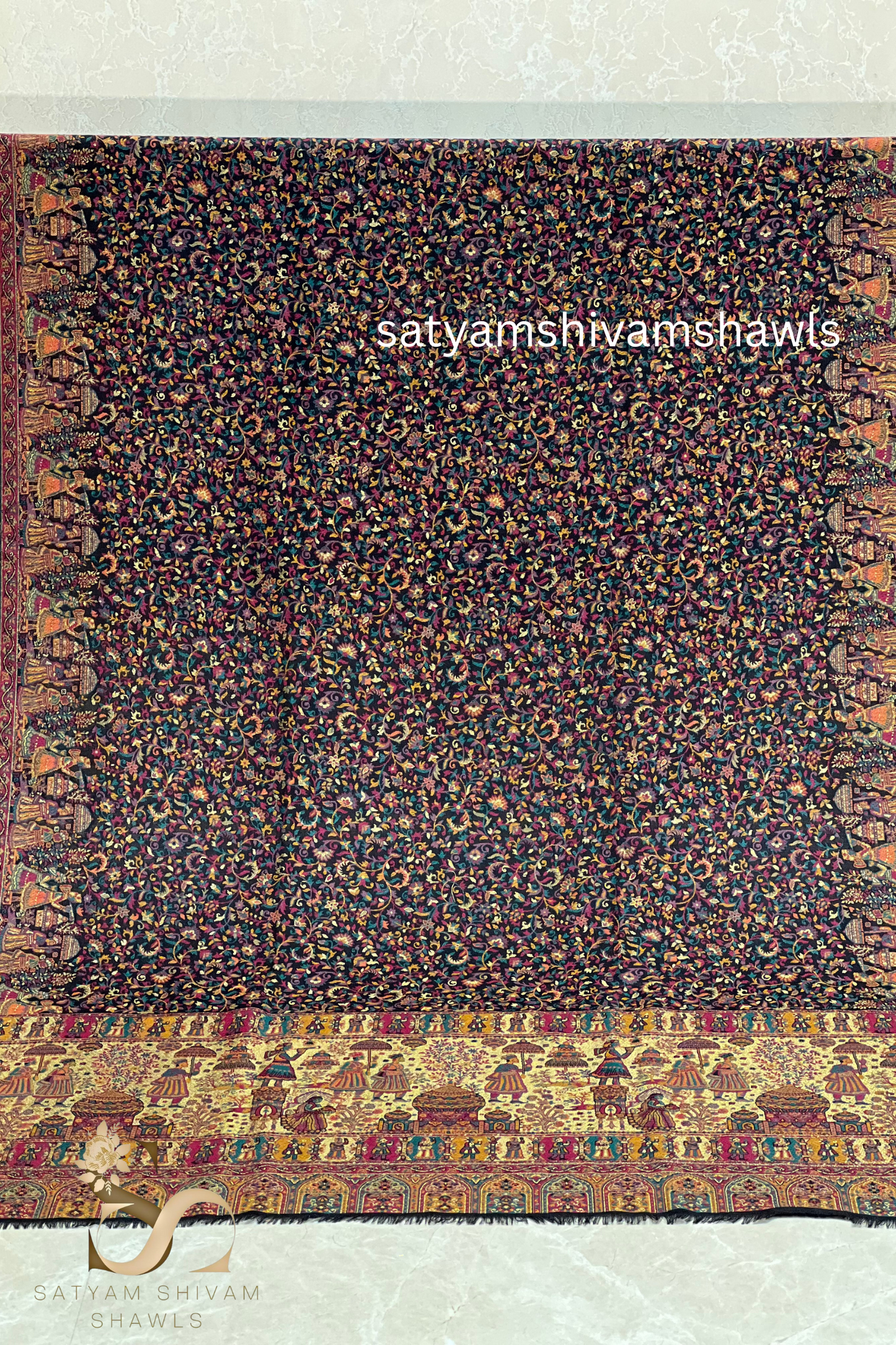 MOONLIGHT MUGHAL DARBAR PALLA PASHMINA BLEND WOOL SHAWL,BLACk