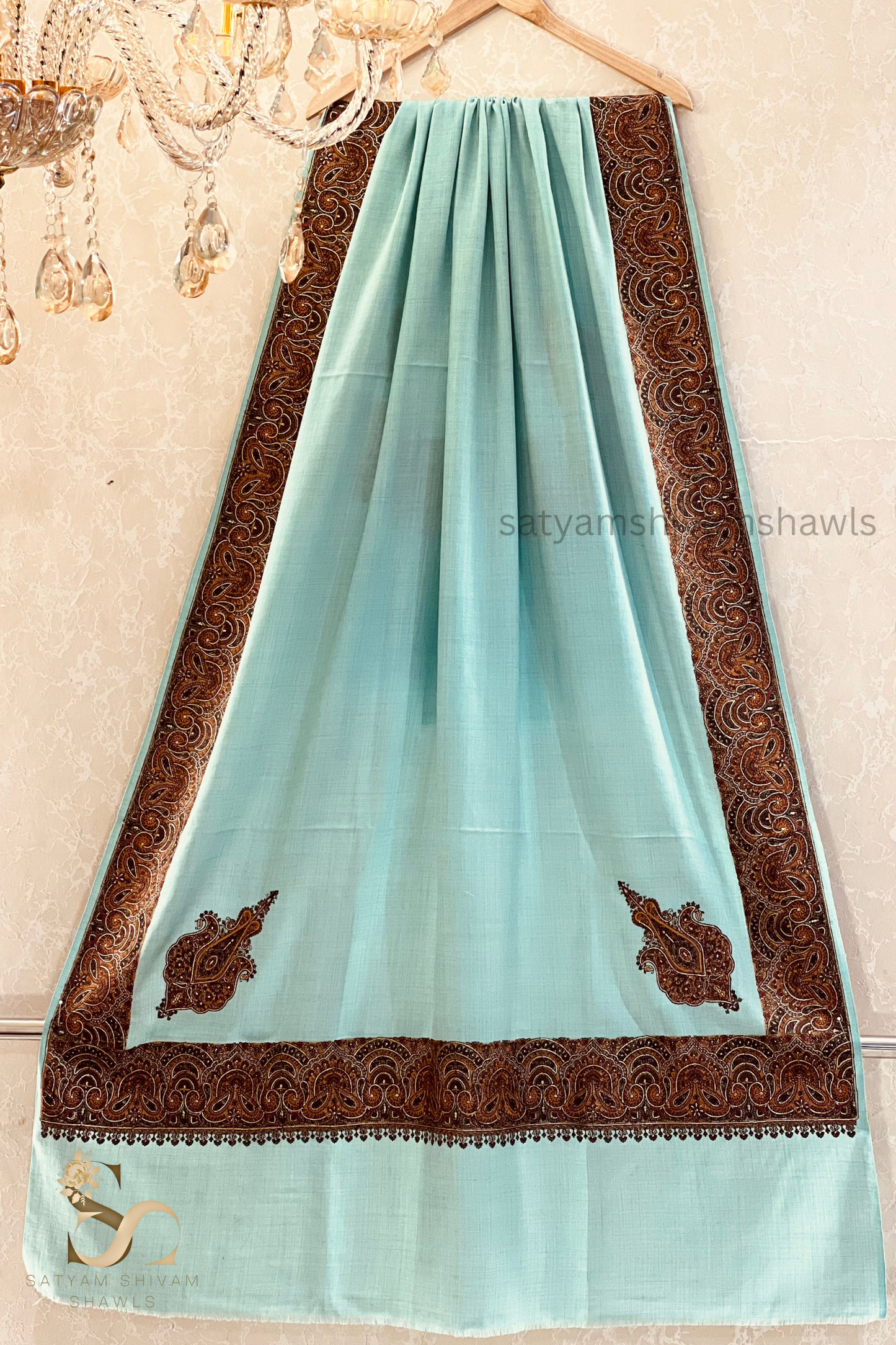 papear mashe kundan zari border shawl ,seagreen