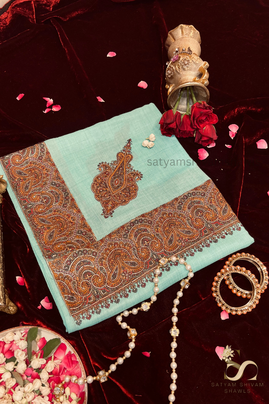 papear mashe kundan zari border shawl ,seagreen