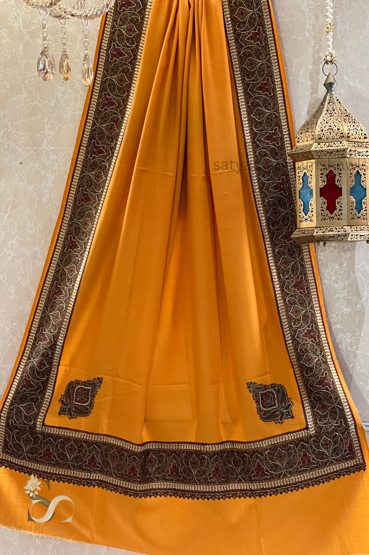 papear mashe kundan zari border shawl ,mustard
