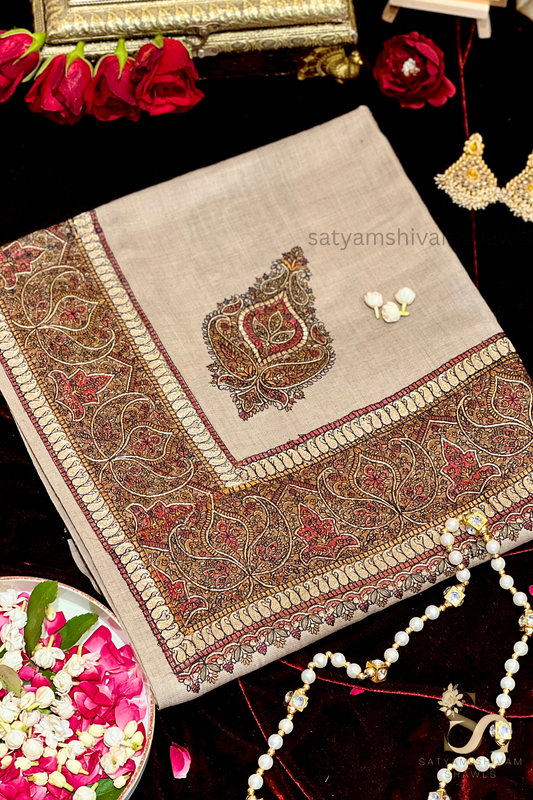 paper mashe kundan zari border shawl ,skin