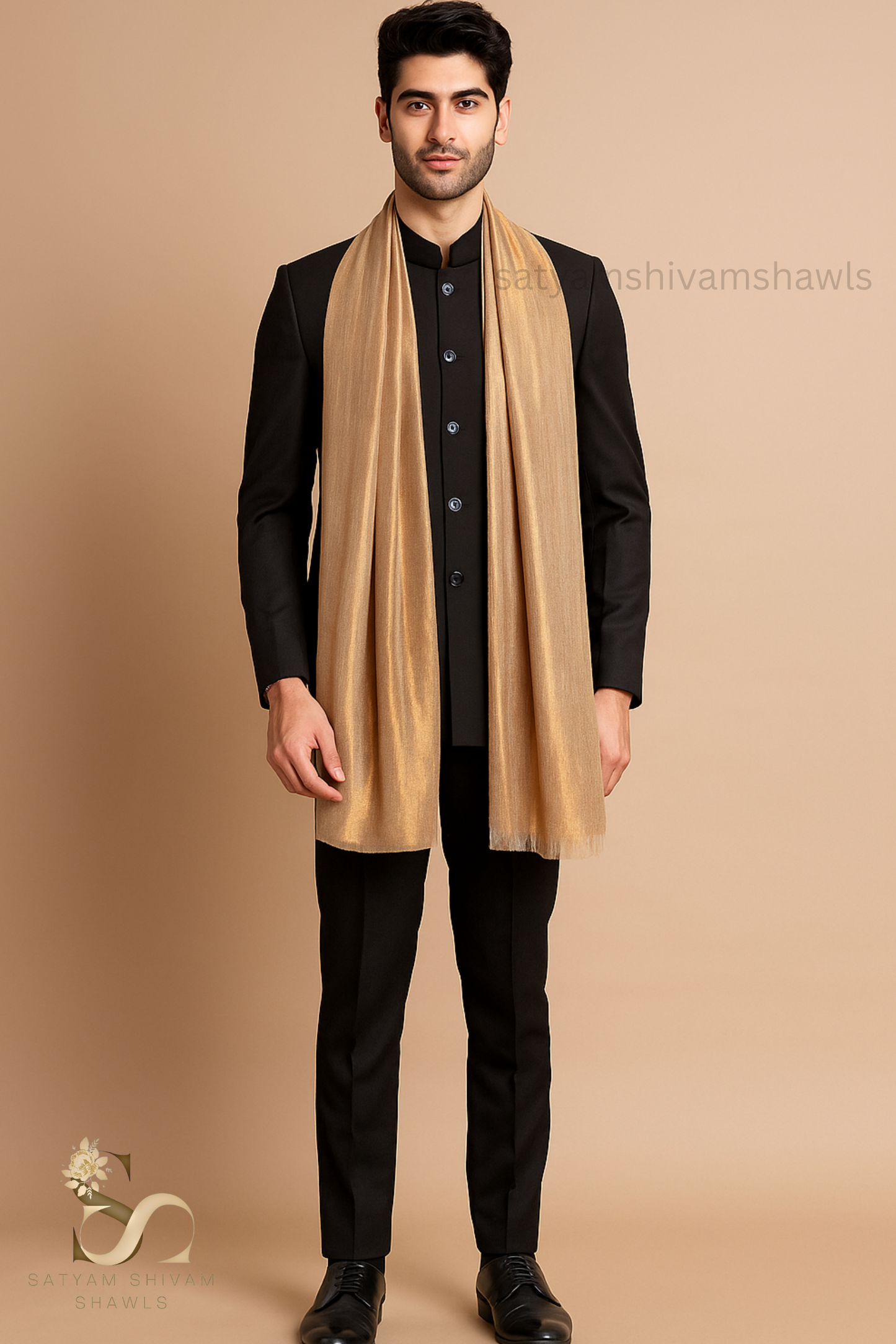 Twilight Collection, Metallic Thread Weave, Fine Wool, light gold mens stole