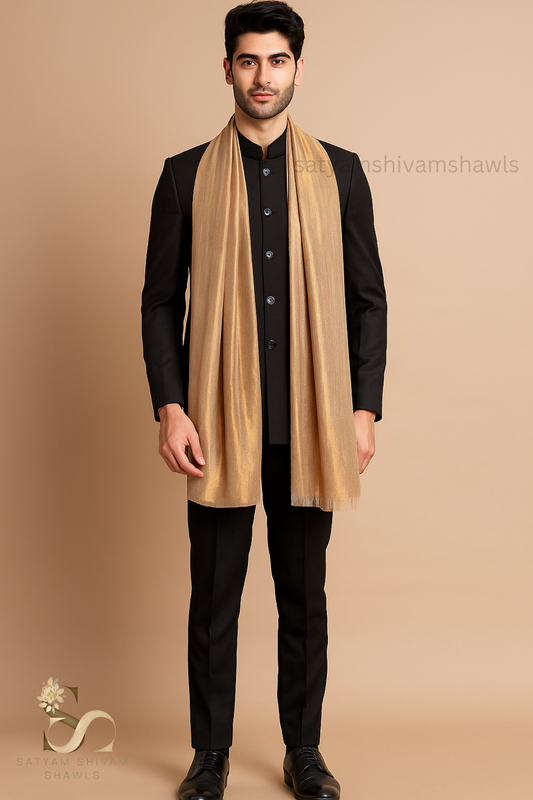 Twilight Collection, Metallic Thread Weave, Fine Wool, light gold mens stole