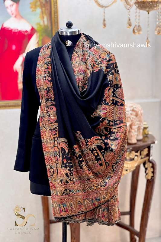 HATHI DARBAAR BORDER DESIGN KANI WEAVE SHAWL, SOFT, WARM AND LIGHT WEIGHT,BLACK