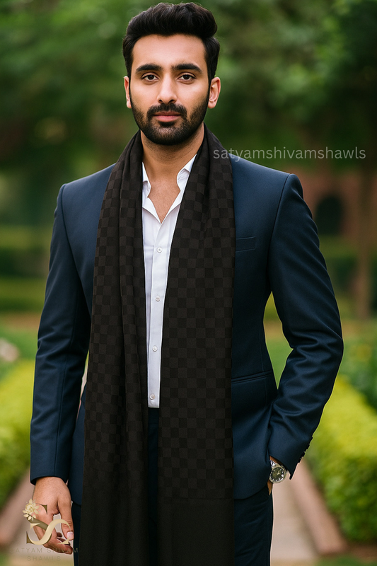 EXTRA FINE WOOL MIST CHECK MENS STOLES,BLACK