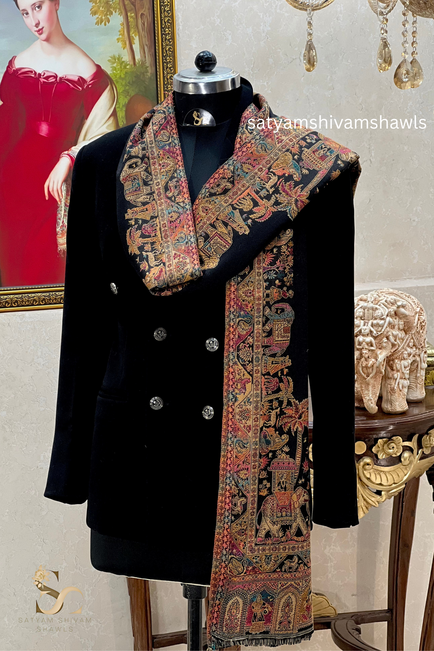 HATHI DARBAAR BORDER DESIGN KANI WEAVE SHAWL, SOFT, WARM AND LIGHT WEIGHT,BLACK
