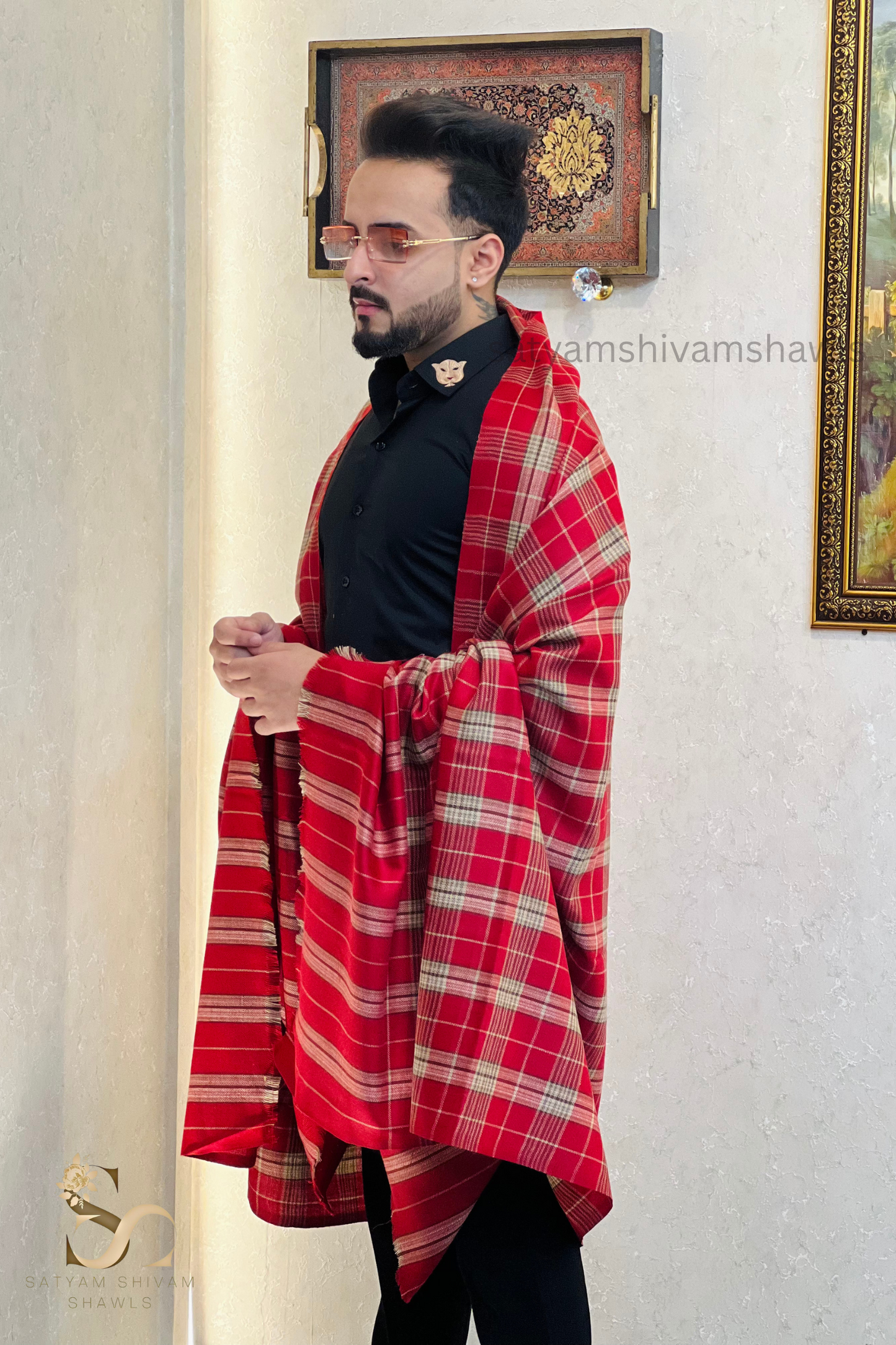 Mens Woven Check Shawl  Lohi Light Weight - Fine Wool , full size