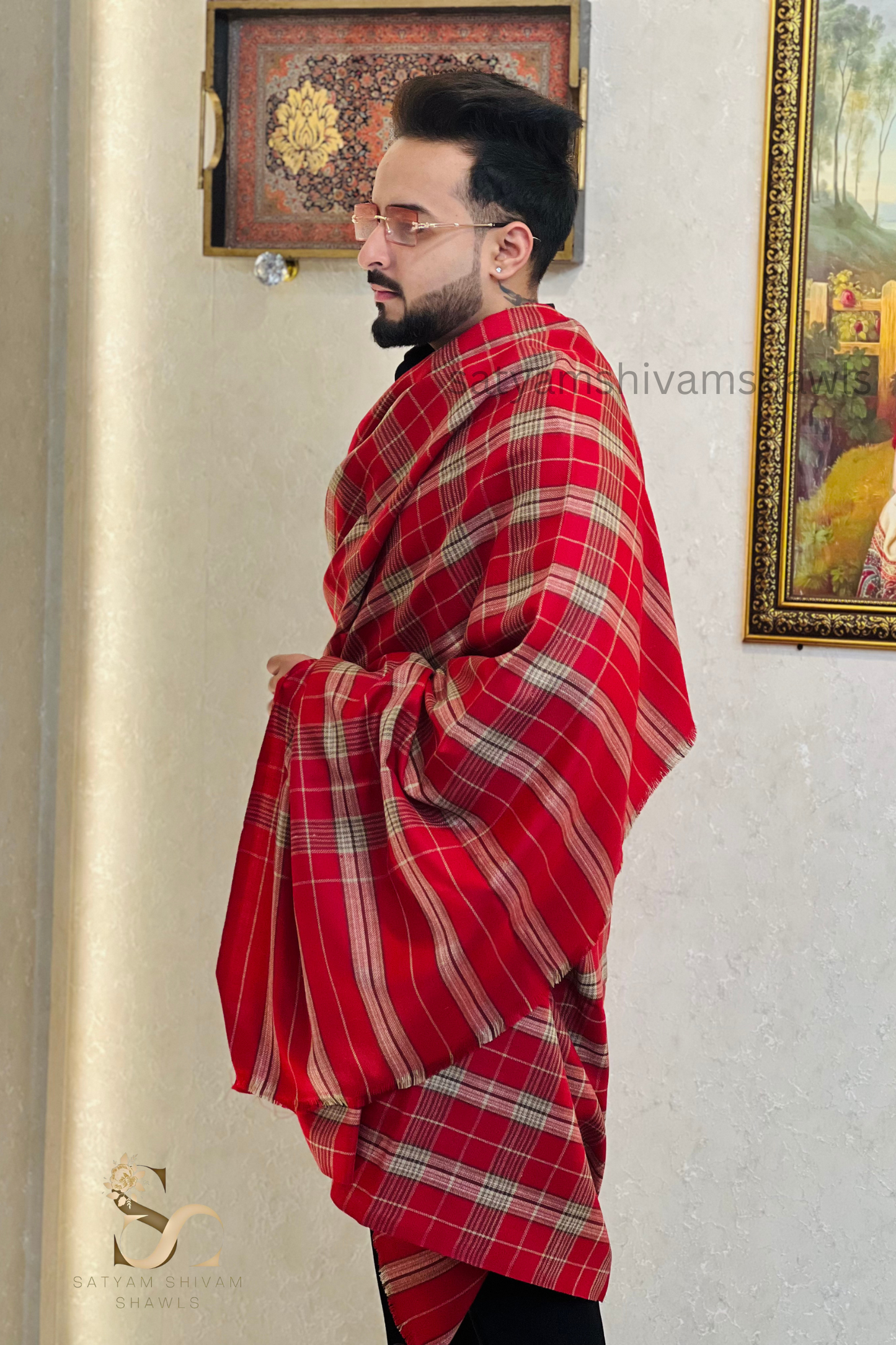 Mens Woven Check Shawl  Lohi Light Weight - Fine Wool , full size