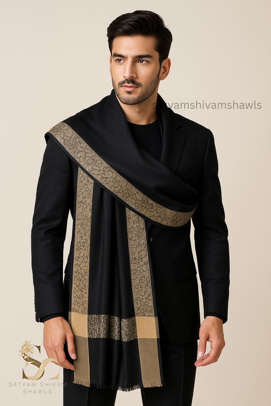 PASHMINA WOOL BORDER WEAVED SHAWL, SOFT, WARM AND LIGHT WEIGHT,BIG SIZE