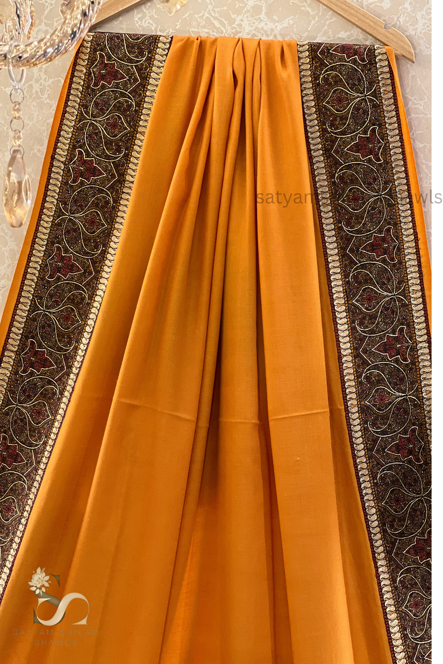 papear mashe kundan zari border shawl ,mustard