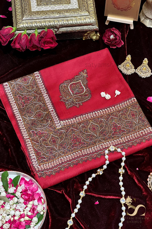 papear mashe kundan zari border shawl ,mehroon