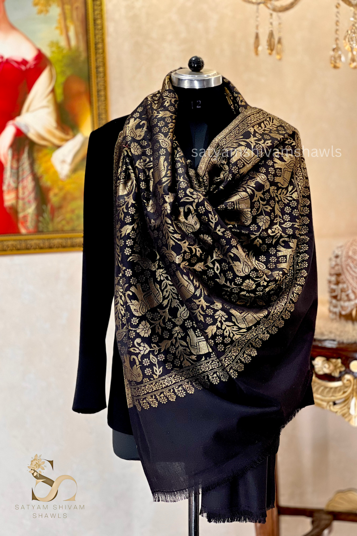 Pashmina wool zari kani work elephant design shawl