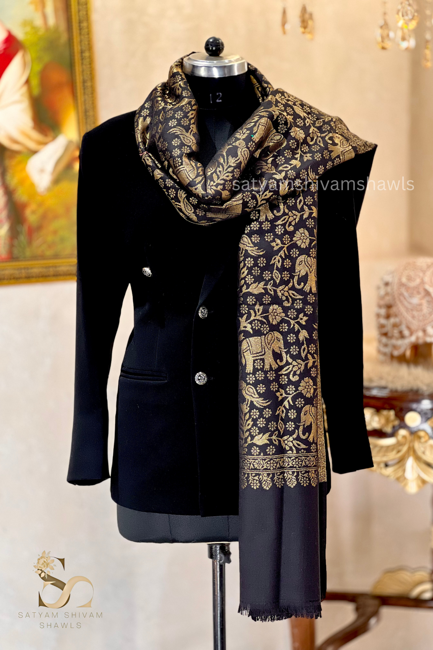 Pashmina wool zari kani work elephant design shawl