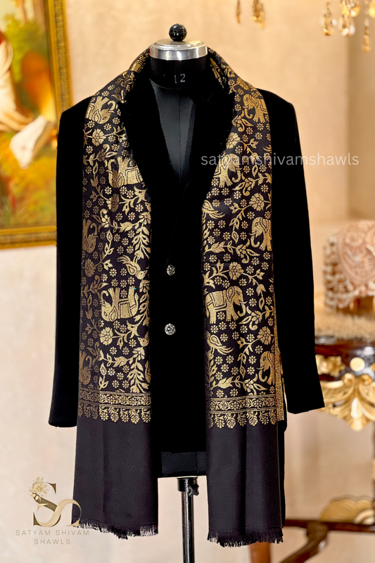 Pashmina wool zari kani work elephant design shawl