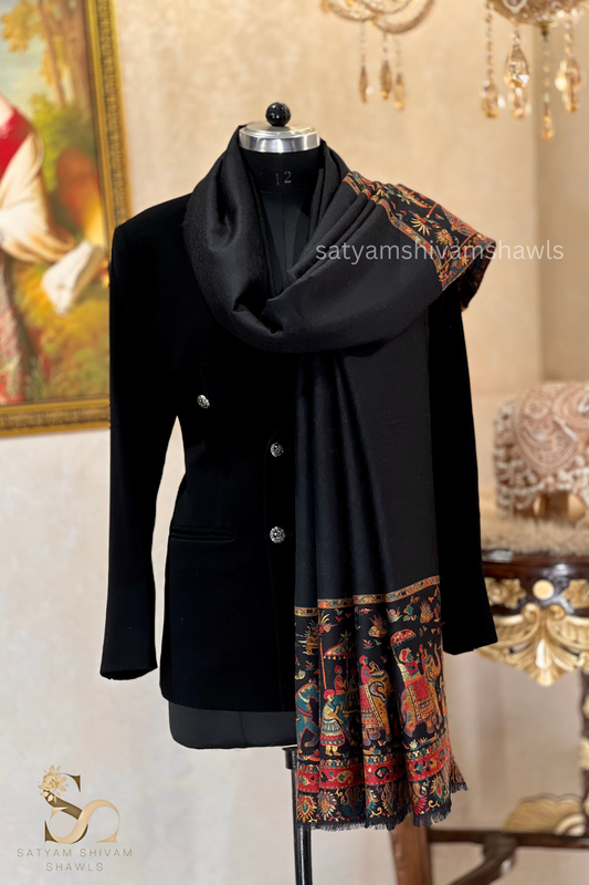 DHOLI PALLA KANI ZARI  WEAVE PURE WOOL  SHAWL,WARM AND SOFT,BLACK