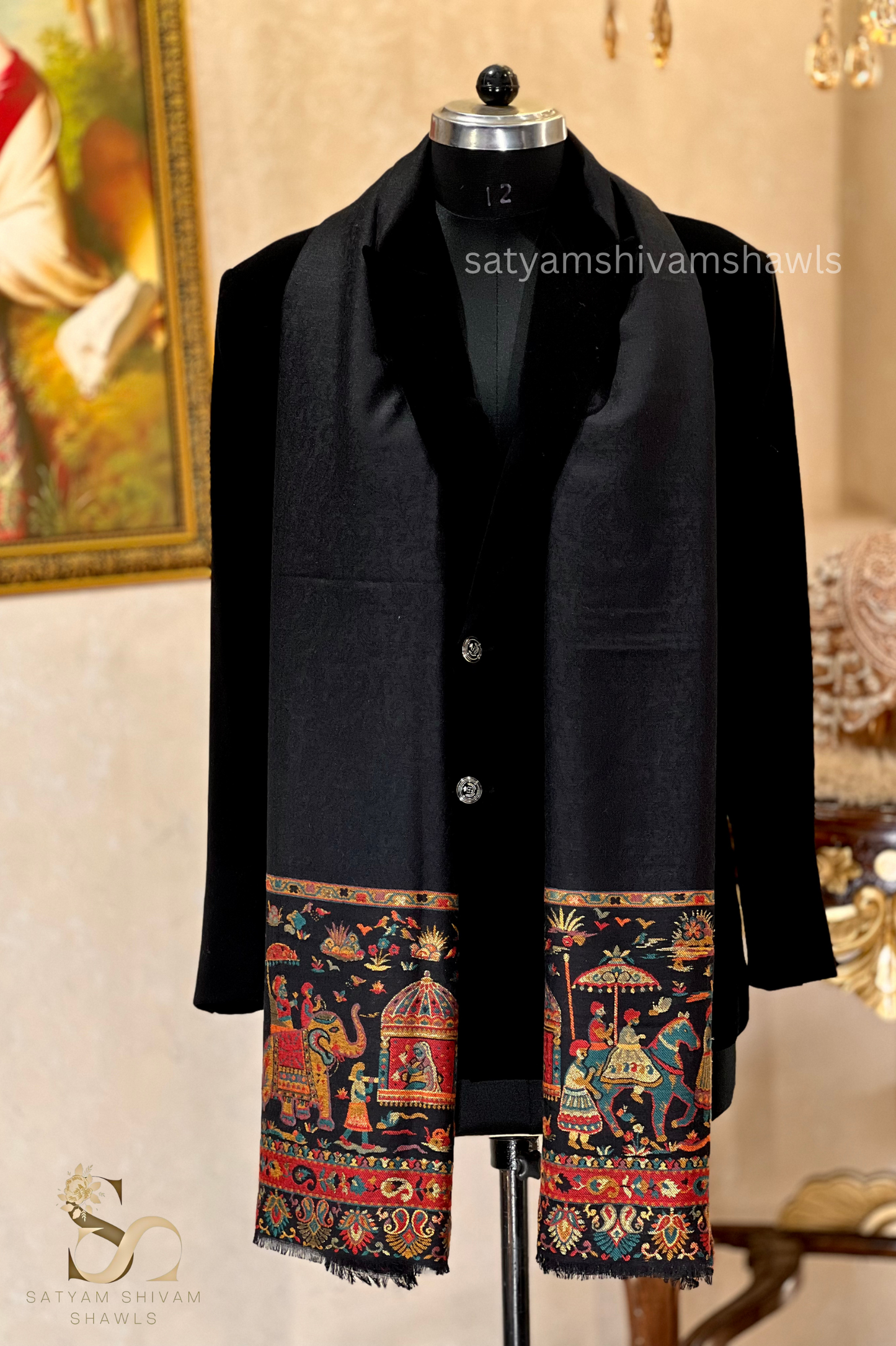 DHOLI PALLA KANI ZARI  WEAVE PURE WOOL  SHAWL,WARM AND SOFT,BLACK