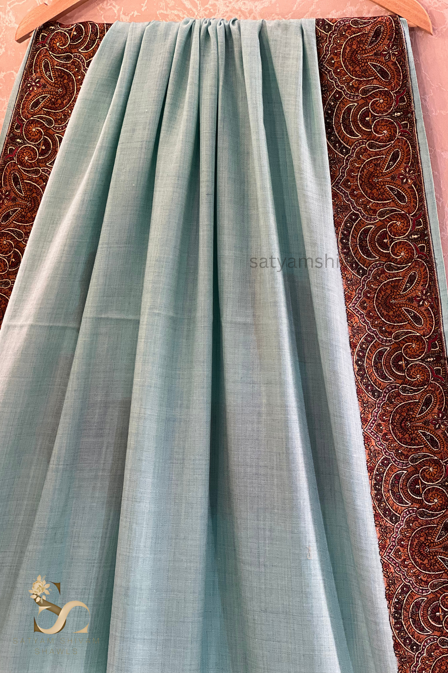 papear mashe kundan zari border shawl ,seagreen