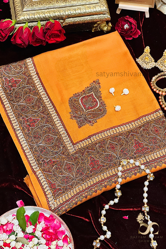 papear mashe kundan zari border shawl ,mustard