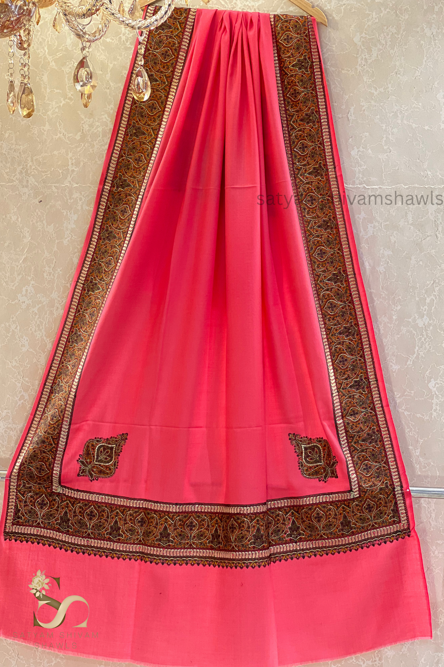 paper mashe kundan zari border shawl ,gajri
