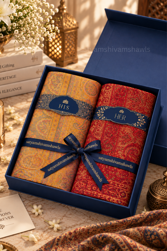 His & Her gift box (men check stole & womens kani shawl )with premium box packaging